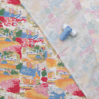 Rayon - Slub - Digital Print - Ivory Blue Gold