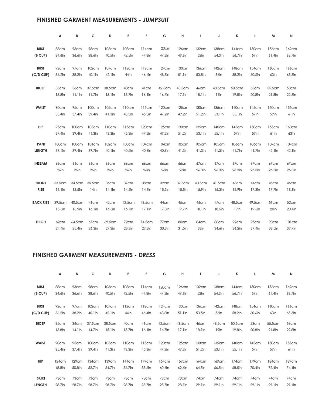 Measurement chart for jumpsuit and dress with size labels.