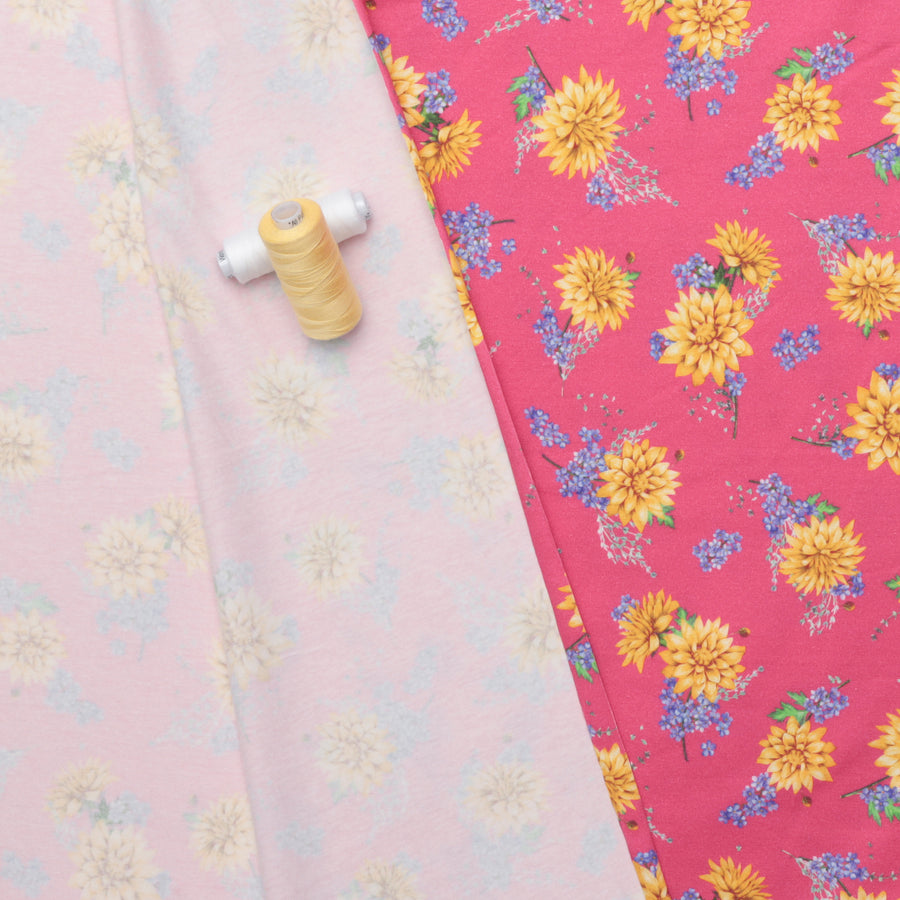 Cotton Blend - Italian Jersey - Neon Florals - Pink + Yellow