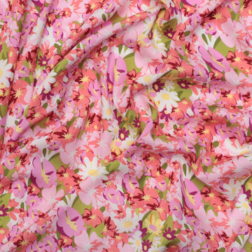 Rayon - Challis Print - Flower Fields - Pink