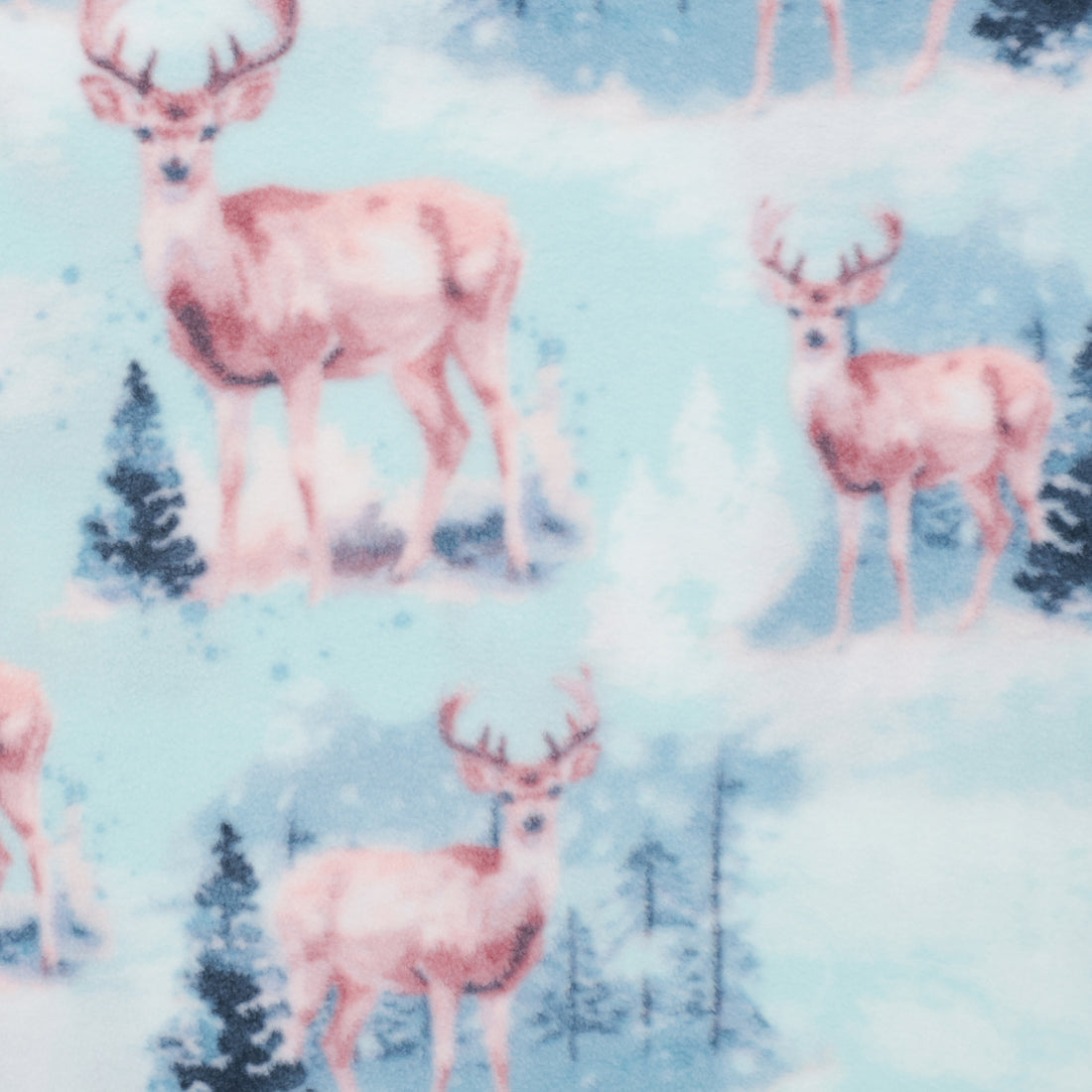 Camelot - Fleece - Winter Deer Scene - Light Blue