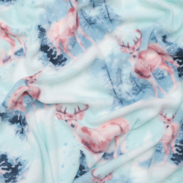 Camelot - Fleece - Winter Deer Scene - Light Blue