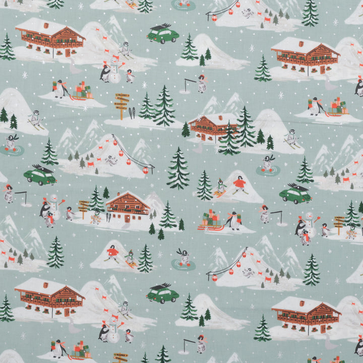 Rifle Paper Co. - Cotton - Holiday Classics IV - Penguin Village - Mint & Silver