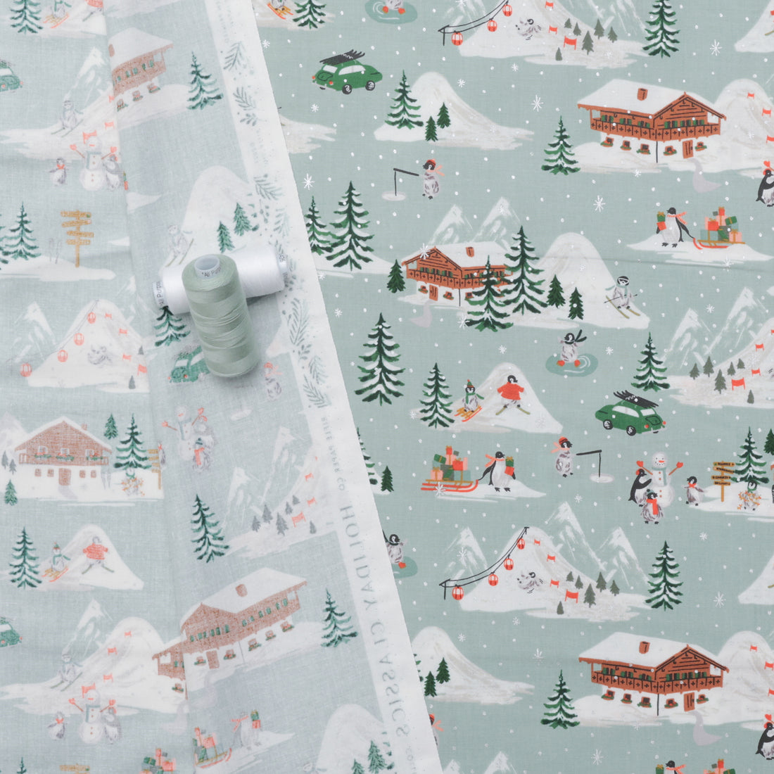 Rifle Paper Co. - Cotton - Holiday Classics IV - Penguin Village - Mint & Silver