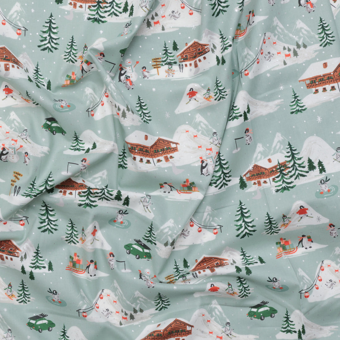 Rifle Paper Co. - Cotton - Holiday Classics IV - Penguin Village - Mint & Silver