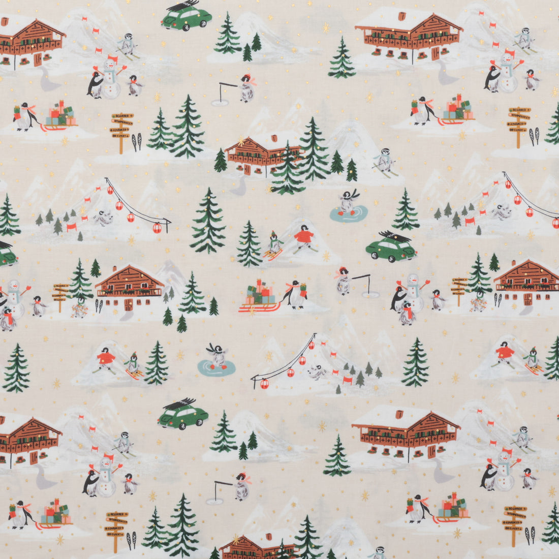 Rifle Paper Co. - Cotton - Holiday Classics IV - Penguin Village - Cream & Gold