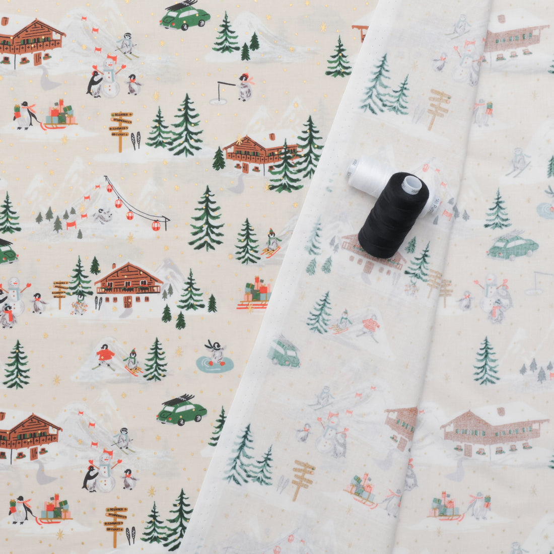 Rifle Paper Co. - Cotton - Holiday Classics IV - Penguin Village - Cream & Gold
