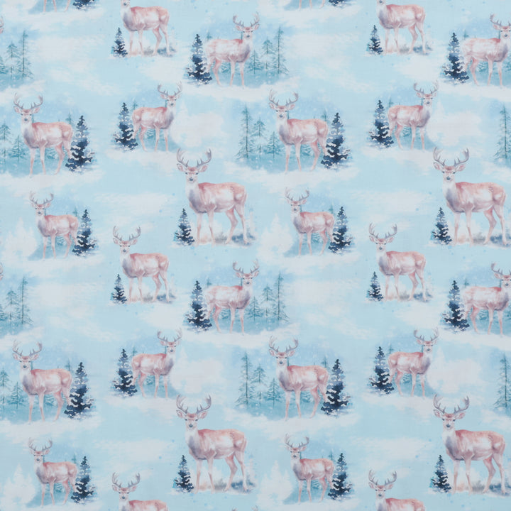 Camelot - Cotton - Winter Land - Winter Deer Scene - Light Blue