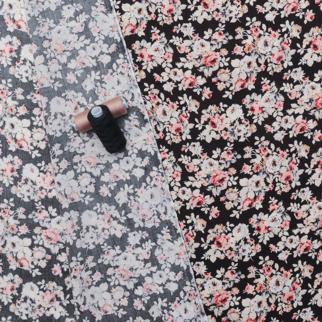 Rayon - Challis Print - Black Taupe Rose