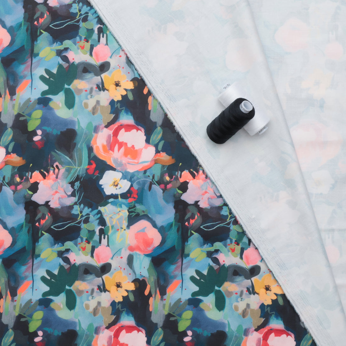 Cotton - Stretch Sateen - Digital Print - Floral Pond - Teal Pink
