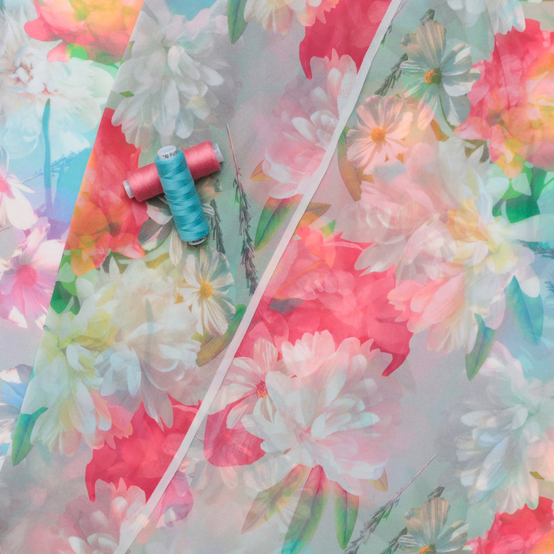 Poly - Chiffon - Digital Print - Blue Orange Rose