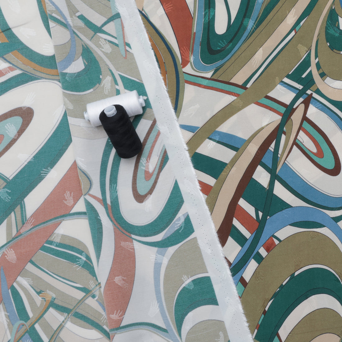Viscose - Challis - Digital Print - Swirls - Beige Green