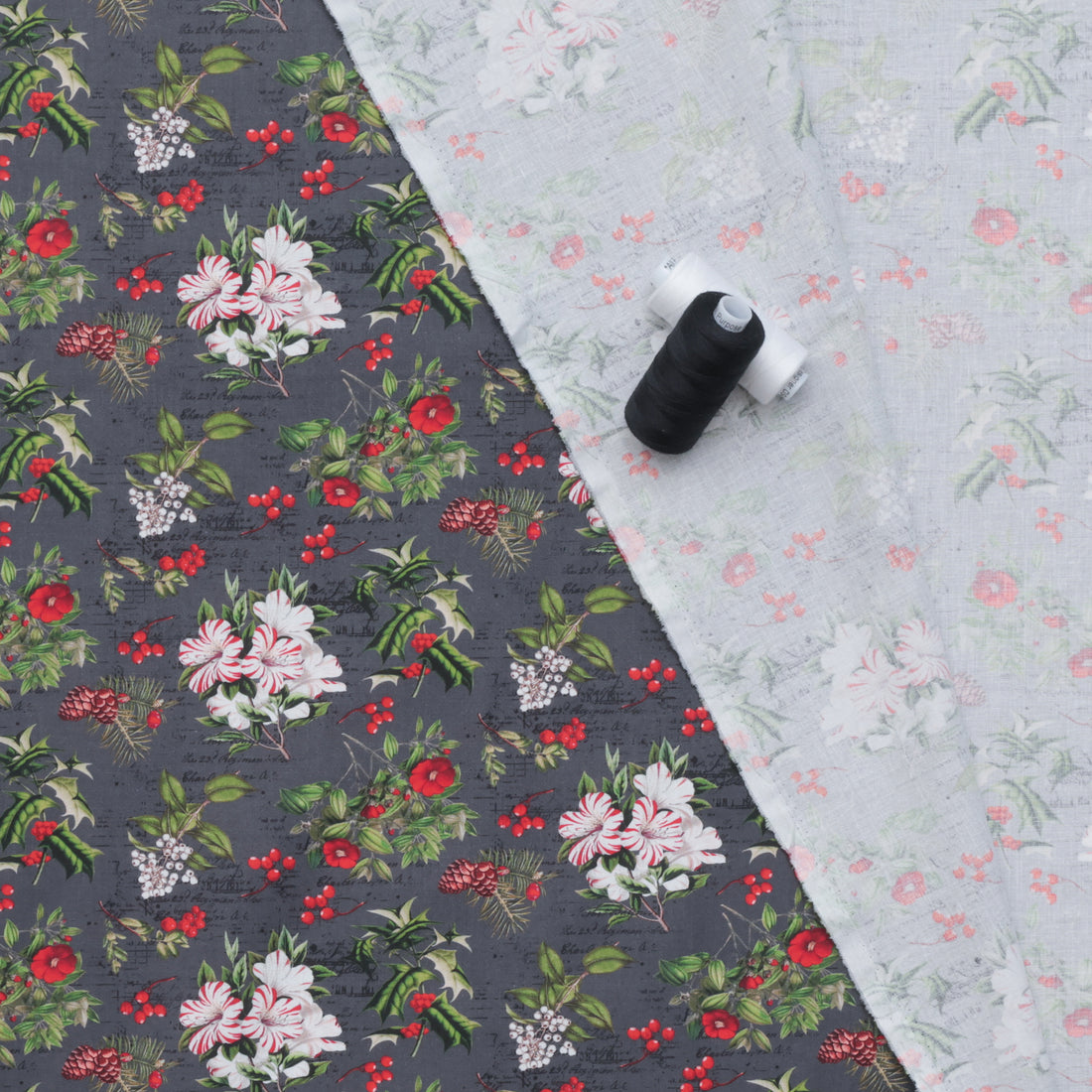 Camelot - Cotton - Joy To The World - Holiday Florals - Charcoal