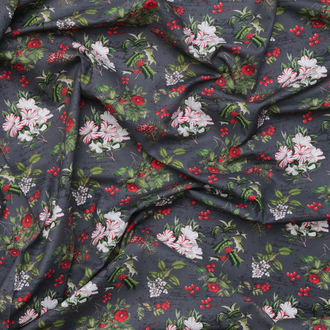 Camelot - Cotton - Joy To The World - Holiday Florals - Charcoal