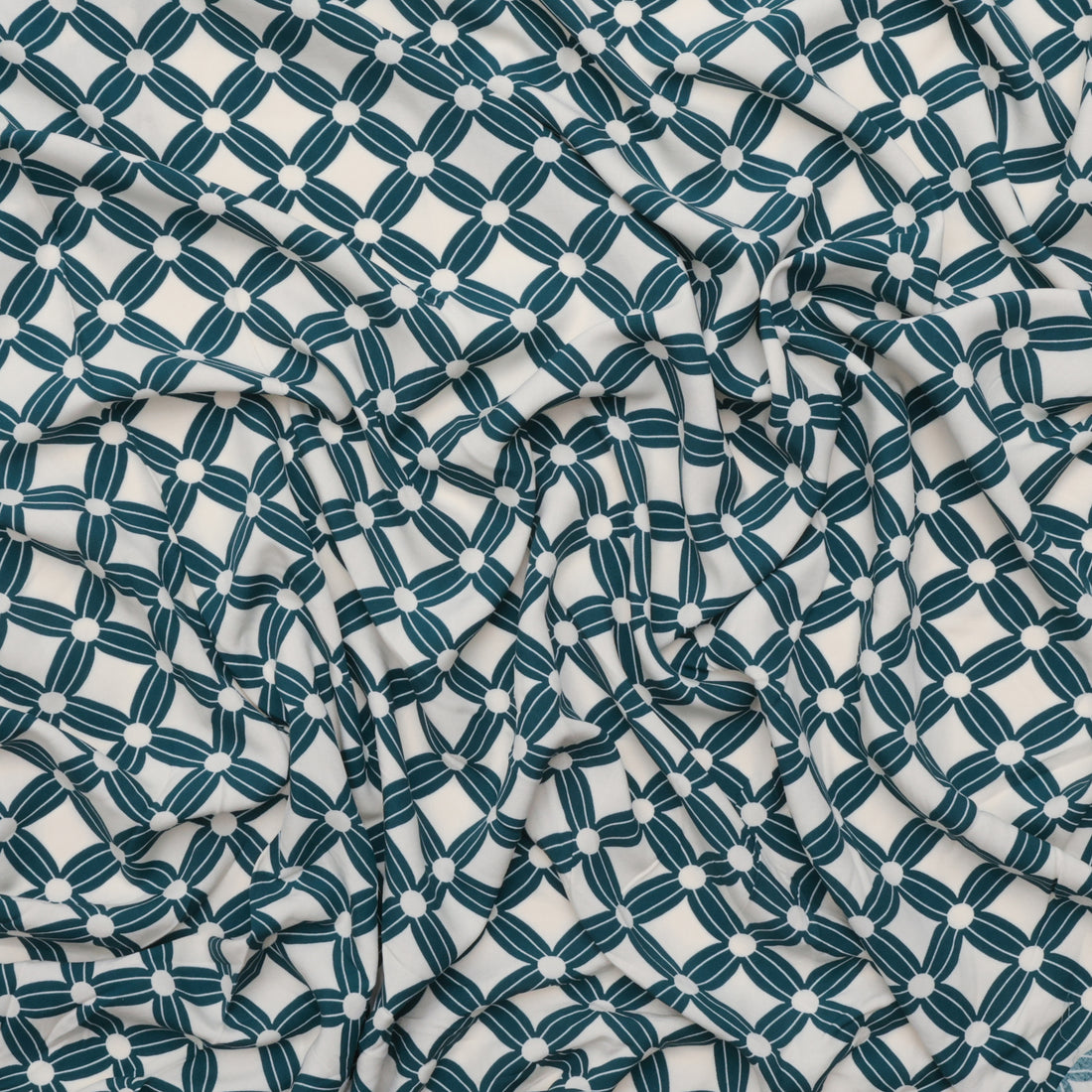 Viscose - Poplin Print - Lattice Flowers - Petrol