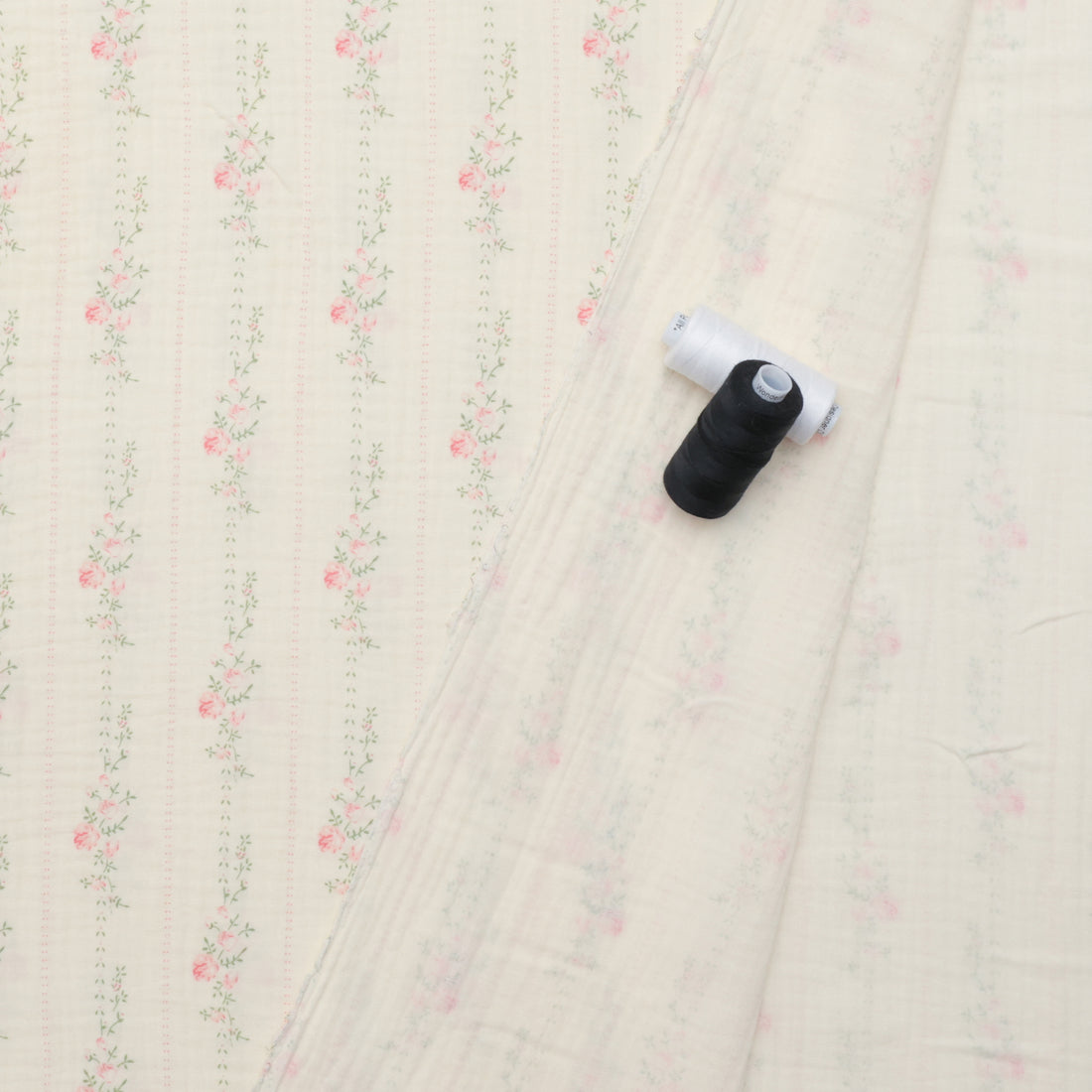Cotton - Heirloom - Double Gauze - Ivory Pink Rose Large Stripe